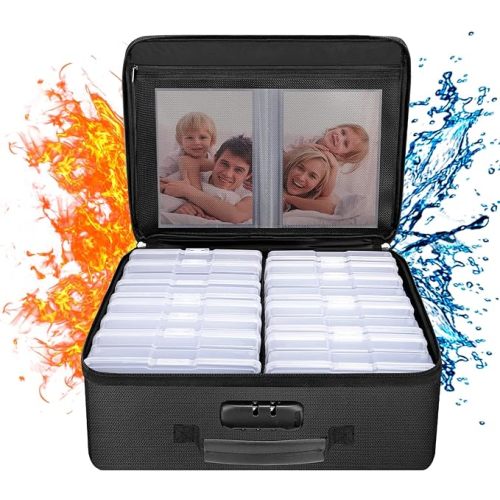 ENGPOW Fireproof Photo Storage Box with 16 Inner 4" x 6" Photo Case(Clear),Photo Box Organizer with Lock,Collapsible Portable Photo Storage Containers with Handle for Photos,Picture,Valuables