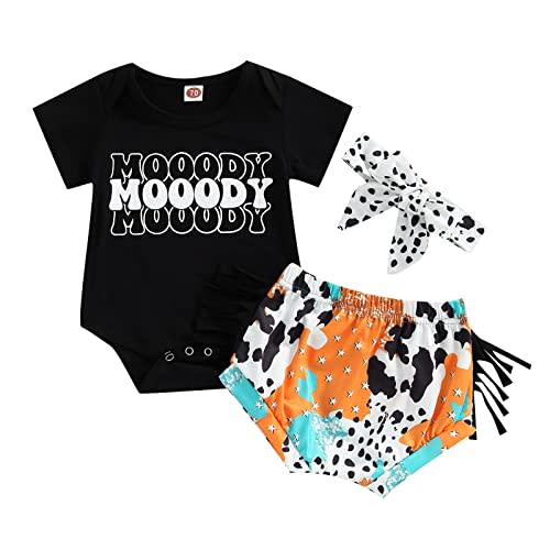 Muasaaluxi Newborn Baby Girl Outfits Short Sleeve Mooody Romper Tassel Cow Print Shorts Headband 3Pcs Casual Clothes Set