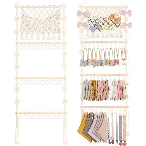 POVETIRE Headband Holder Hair Bow Organizer for Girls,Macrame Bow Holder Hair Accessories Organizer Storage Large Capacity Wall Hanging for Toddler Girl Nursery Room Decor