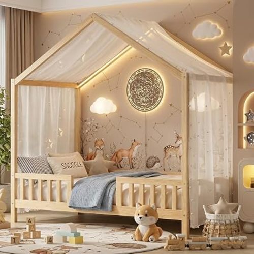 Twin House Bed for Kids with High Rails, Montessori Floor Beds Twin with Roof & Canopy, Wood House Bed Frame for Boys Girls, No Box Spring Needed, Natural
