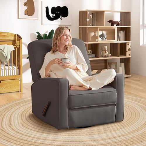 Tbfit 360° Swivel Recliner Chair, Nursery Rocking Chair with Lumbar Support for Bedroom, Comfy Upholstered Armchair with Pillows & Footrest for Living Room, Beige