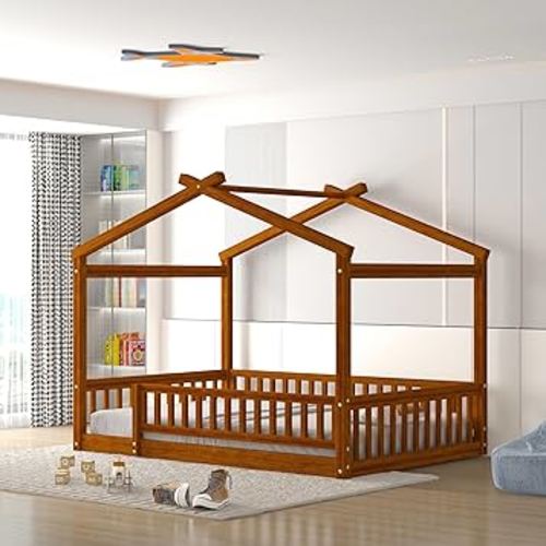 Bellemave House Bed Full Size Floor Bed with Fence Railings, Wooden Montessori Style Bed Frame for Kids, Fun Playhouse Beds for Girls Boys, Walnut