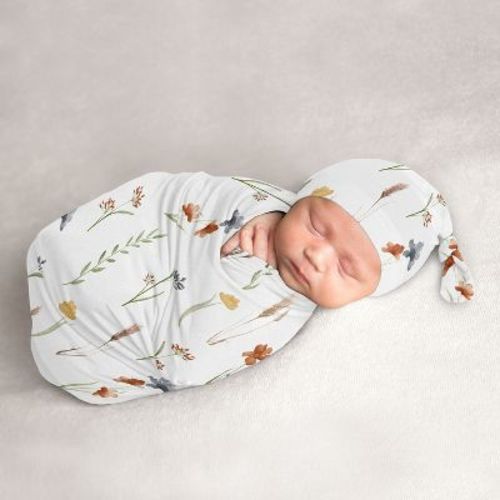 Sweet Jojo Designs Girl Baby Cocoon and Beanie Hat Swaddle Wrap Watercolor Floral Garden Green Blue and Orange 2pc