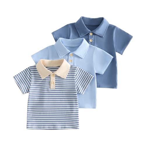 3-Pack Toddler Boys Short Sleeve Polo Shirt Baby Boy Girls Solid and Striped Tee Shirts Button Collar Top