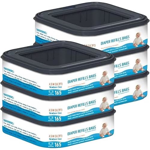 6 Packs-Square Starter Refills Disposal Bags Refill Compatible with Diaper Genie Classic, Compact and Select Pails, Hold Up to 165 Newborn-Sized Diapers Per Refill
