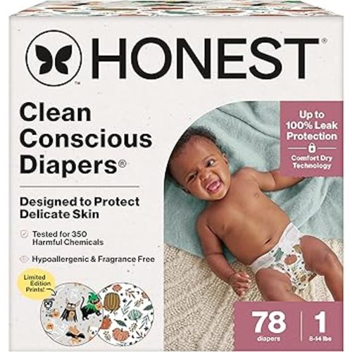 The Honest Company Comfort Dry Disposable Diapers for Sensitive Skin, Hypoallergenic, Fragrance-Free, Fall '25 Seasonal Prints, Club Box, Size 1 (8-14 lbs), 78 Count