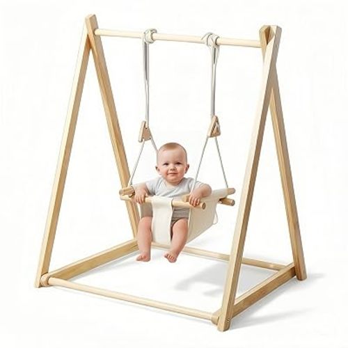 Baby and Toddler Foldable Wooden Swing Set with Stand, Foldable Indoor Baby Swing Set with Seat Belt, Extension Straps for Toddlers Aged 6-36 Months Perfect for Home,Child Daycare, Preschool