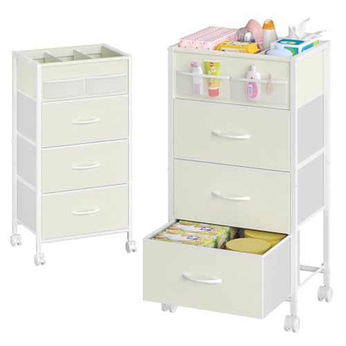 4-Tier Baby Diaper Caddy Organizer Cart with 3 Storage Drawers, Rolling Cart with Dividers & Side Pockets for Nursery, Baby Essentials, Toys, Wipes & Creams, Portable Kids Storage Cart & Station