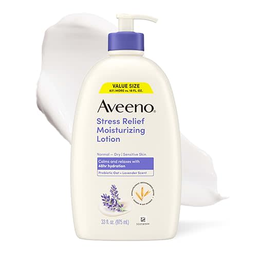Aveeno Stress Relief Moisturizing Body Lotion, Lavender Scent with Prebiotic Oat for Sensitive Skin, Lightly Scented Lotion with 48-Hour Hydration, Fast Absorbing, Non-Greasy, Value Size 33 Fl Oz