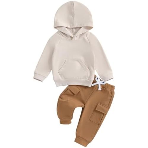 Mandizy Toddler Baby Boy Fall Clothes Long Sleeve Solid Color Hooded Sweatshirt Cargo Pants Set 2Pcs Winter Outfit