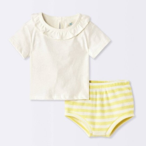 Baby Girls' 2pc Striped Ruffle Short Sleeve T-Shirt and Waffle Bloomer Set - Cloud Island™ Yellow 0-3M