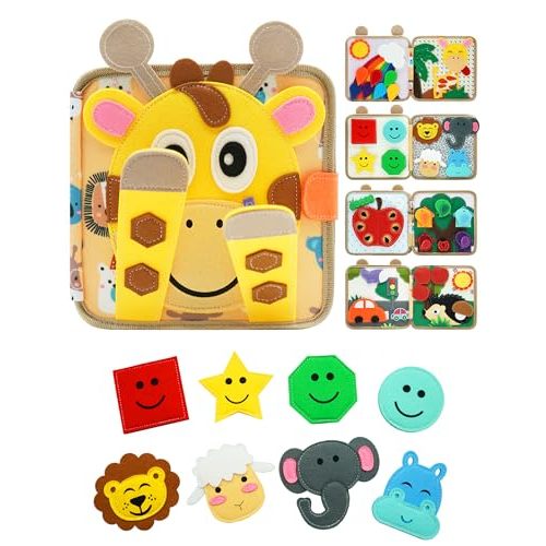 Busy Book for Toddlers 1-3, Montessori Toys for 1 Year Old, Kids Travel Toys, Educational Activity Book, Birthday Gifts for Boys & Girls, Washable Felt Busy Board, Giraffe
