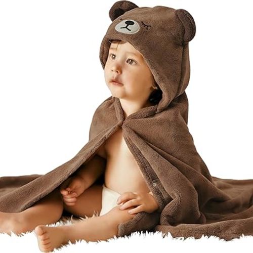 Toddler Baby Bath Towel with Hood 27.5"X55" Ultra Absorbent Soft Bathrobe Blanket, 0-6 Years Infant Shower Towel for Girls & Boys(Brown Bear)