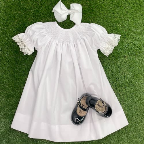 Smocked White Dress with Delicate Lace Sleeves - White Smocking, Flower girl, Baptism, Christening, First Communion, Heirloom, Easter 431 *E