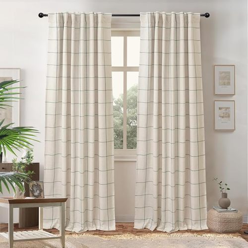 DriftAway 100% Blackout Windowpane Plaid Linen Curtains Double Layer Farmhouse Drapes 84 Inches Long for Living Room Bedroom Yarn Dyed Woven Thermal Insulated Rod Pocket Back Tab 2 Panels Loden Green