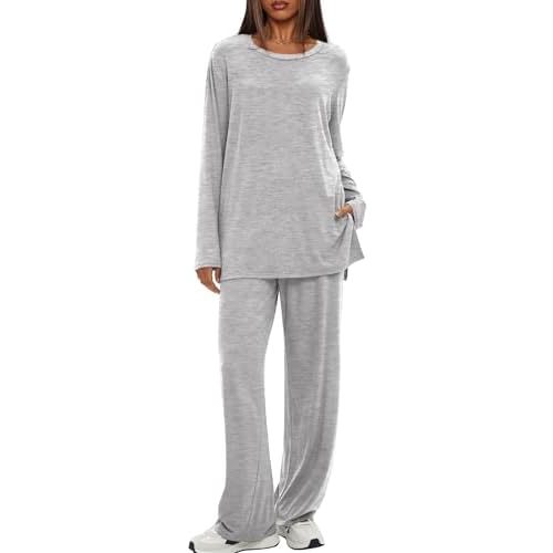 Darong Women's 2 Piece Lounge Set Casual Long Sleeve Crew Neck Tops Wide Leg Pants Travel Airport Outfit Matching Sets
