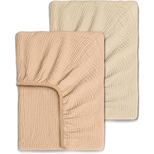 Ultrasoft Muslin Baby Crib Sheets Neutral for Boy or Girl, 100% Organic Cotton Boho Fitted Crib Sheet in 2-Pack, Universal Fit Crib Mattress Sheet Set, 52 x 28”- Cream-Taupe