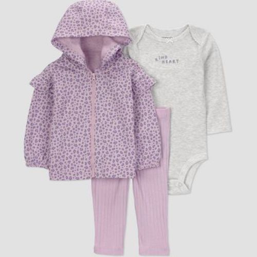 Carter's Just One You® Baby Girls' 3pc Cheetah Hooded Zip-Up Sweatshirt with Bodysuit and Leggings Set - Purple
