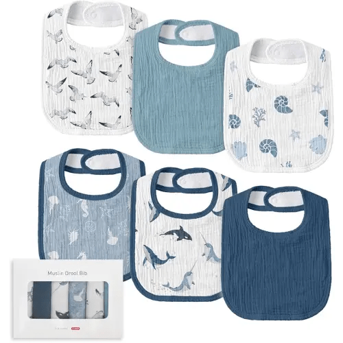 Muslin Baby Drool Bibs for Unisex Boys Girls, 6 Pack Soft Cotton Baby Bib for Teething Drooling, Essentials Shower Gift (6, Blue)