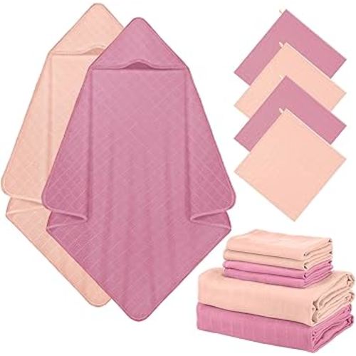 Preboun 6 Pcs Muslin Hooded Baby Towels and Washcloths 32"x 32" Cotton Newborn Bath Towel Anti-Shrink Infant Baby Blankets with Hood 12"x 12" Washcloths for Girl Boy Toddler(Pink,Dark Purple)