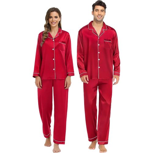 SWOMOG Family Matching Pajamas Set Silk Satin Button Down Sleepwear Long Sleeve Nightwear 2 Pcs Pj Set