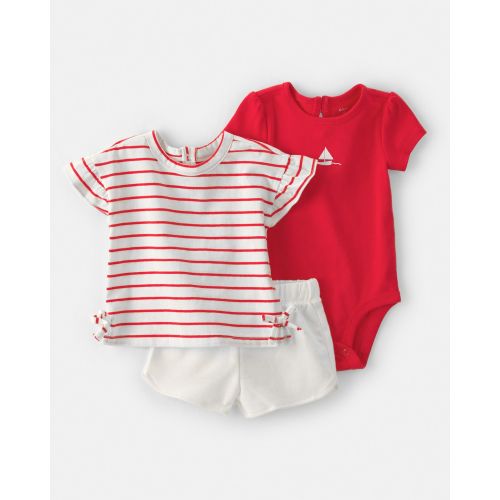 Baby Girl 3-Piece Sailboat Short-Sleeve Top, Bodysuit & Short Set - Red/White | Carter's