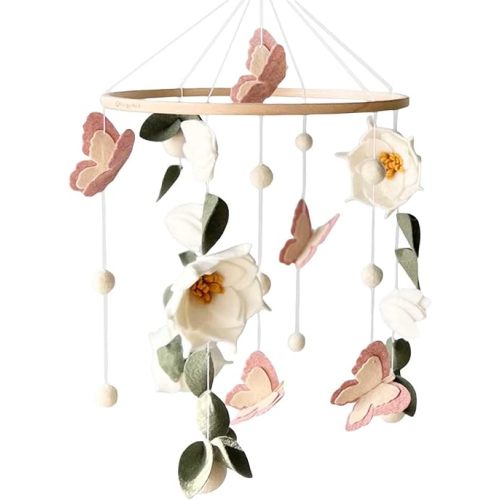Floral Baby Mobile Nursery Decor Felt Flowers Butterflies Baby Mobile for Crib Boys Girls Boho Style Neutral Baby Gift Hanging for Nursery Decor Accessories