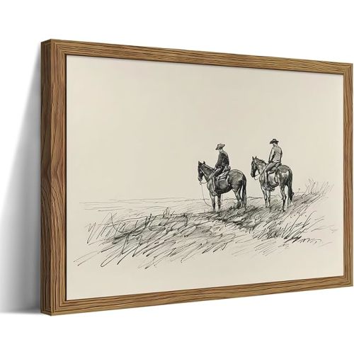 Framed Western Wall Art, Cowboys on Horses Sketch Picture Print, Western Wall Decor, Vintage Country Farmhouse Western Cowboys Canvas for Living Room Bedroom Home 16x24 inch