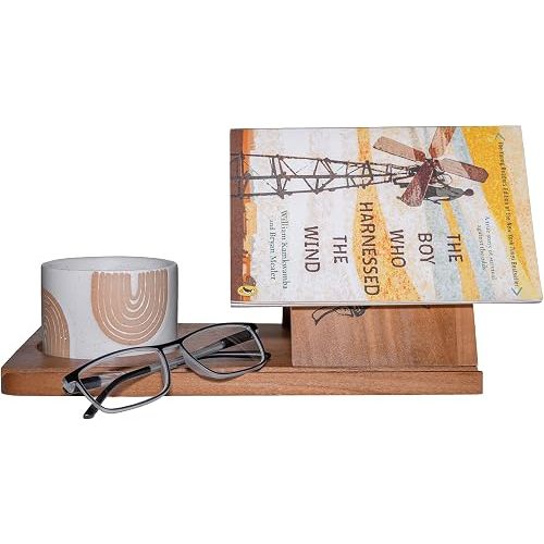 Wooden Triangle Book Stand & Reading Valet – Book Rest with Cup, Phone, Glasses & Pen Holder – Thumb Book Page Holder - Nightstand Book Holder & Gift for Book Lovers, Readers & Bibliophiles