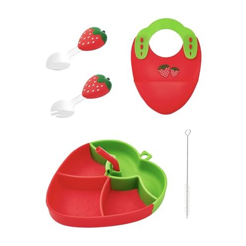 Ecrekhom Silicone Baby Feeding Set 5 Pcs, Weaning Supplies, Strawberry Baby Plates Baby Spoon & Fork, Baby Utensils Feeding Essentials