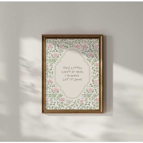 Christian Art Print, “This Little Light of Mine” Floral Watercolor Pink Nursery Decor English Garden, Digital Download, Gifts for Her
