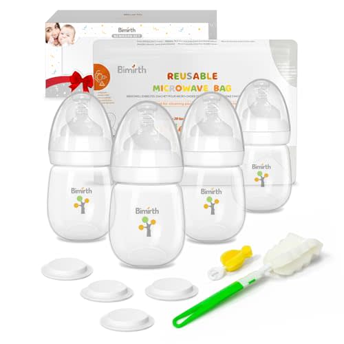 Baby Bottle Set for Newborns, Bimirth Feeding & Breast Milk Storage Bottles with Storage Lids, 11-Piece Wide-Neck Anti-Colic BPA-Free Starter Gift Set with Steam Bag & Cleaning Brushes (6oz/180ml)