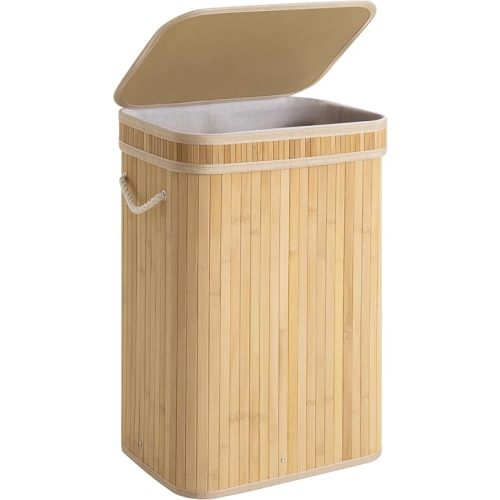 StorageWorks Laundry Hamper with Lid, Foldable Bamboo Laundry Basket, Clothes Hamper with Handles, Organizer and Storage for Laundry Room, Bedroom, Dorm, Natural
