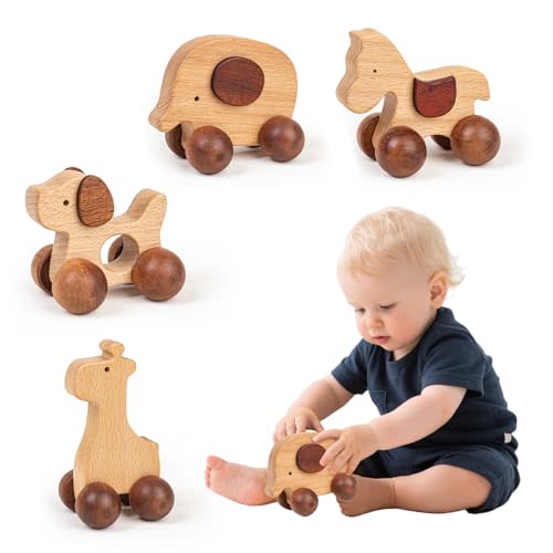 Baby Push Car Montessori Toys, 4PCS Wooden Animal Toy Vehicles for Toddlers, Natural Wood Infant Car Toys (Puppy, Elephant, Pony, Giraffe) for Gift and Decor