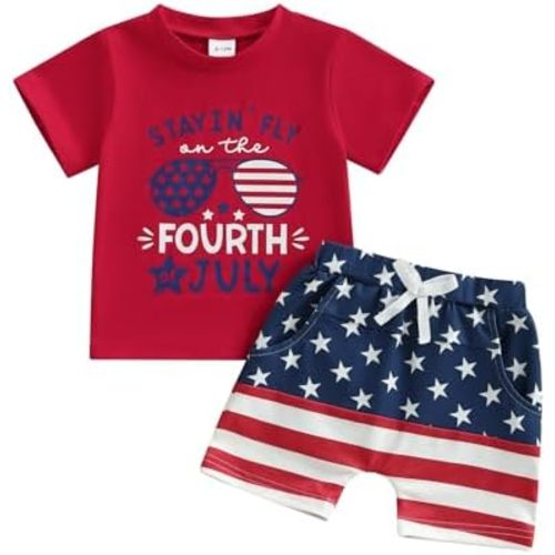 Kupretty Toddler Baby Boy 4th of July Outfit American Flag T-Shirt Tees Shirt + Star and Stripe Shorts Independence Day Set