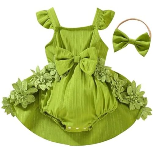 Douhoow Baby Girl Dress Romper Ruffle Sleeveless Bow Front Romper Dress with Headband Infant Girl Summer Clothes