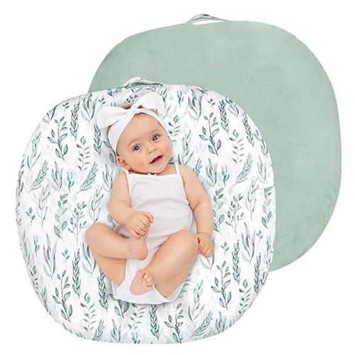 Newborn Lounger Cover, Soft Comfortable Baby Lounger Cover, 1 Pack Reversible Removable Slipover for Infant Lounger Pillow, Green Leaf (Lounger not Included)