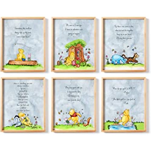 Winnie the Pooh Poster, Set of 6, 8x10 inches, Nursery Wall Art Decor, Hand Painted Wall Decor, Winnie the Pooh Baby Shower, Boys and Girls Room Decor, Baby's Decor Bear Friends