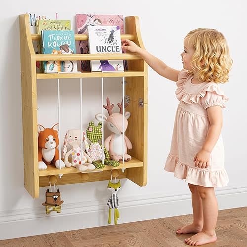 Wall-Mounted Kids Bookshelf, 2-Tier Bamboo Floating Nursery Book Shelf, Picture Ledge Shelf for Wall Decor and Storage, Hanging Toy Shelf Organizer for Baby Rooms Playroom Bedroom