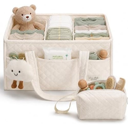 PeraBella Baby Diaper Caddy Organizer, Baby Basket Shower Gift, Portable Changing Table Basket, Postpartum Caddy & Tote Bag Pouch, Newborn Boy & Girl Nursery Essentials Registry, Car Diaper Organizer