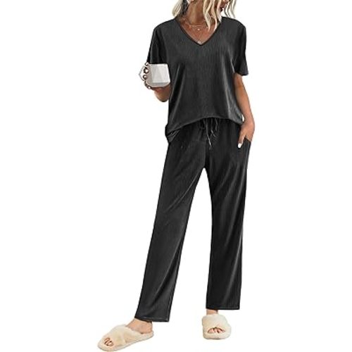 Ekouaer Womens Ribbed Knit Lounge Set Short Sleeve Top and Long Pants Sleepwear Pajama Set Two Piece Matching Outfits Set