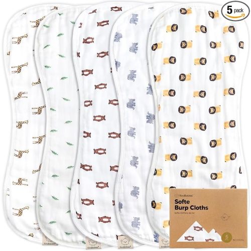 5-Pack Muslin Burp Cloths Baby Boy, Girl - Very Absorbent Baby Burp Cloth Rags, 8-Layers Viscose Derived from Bamboo Cotton Muslin Towel, Super Soft Spit Up Rags, No Shrink Washcloths (The Wild)
