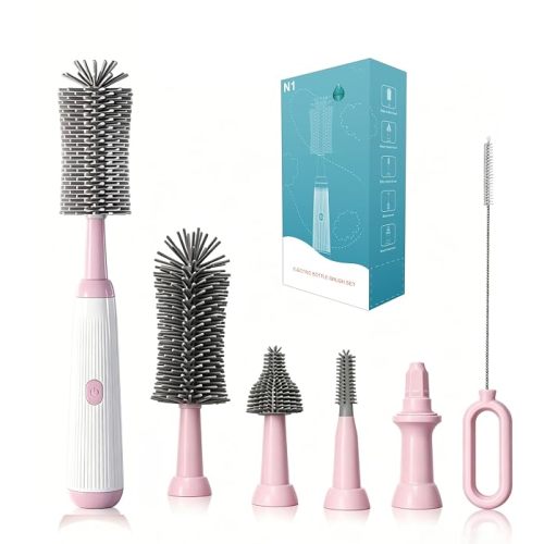 Electric Bottle Brush Cleaner Set, Electric Baby Bottle Brush Cleaner with Rechargeable Electric Bottle Cleaner and Silicone Bottle Brushes and Straw Brush, Automatic Bottle Cleaner Brush(Pink)