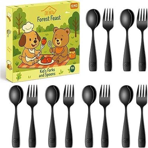 Black Toddler Eating Utensils Set,Set Of 12 Food Grade Stainless Steel Silverware Sets For Kids,Dishwasher Safe Children Small Metal Spoons And Forks Flatware Sets