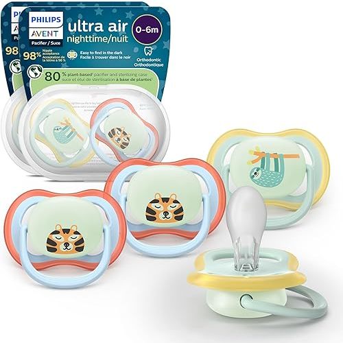 Philips Avent Ultra Air Nighttime Pacifiers - Orthodontic Design, for Babies 0-6 Months, Glow in The Dark, Soft Silicone Symmetrical Nipple, BPA-Free, 2 Sterilizing Cases, 4 Pack, SCF376/35