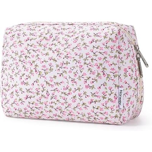 Narwey Cute Floral Makeup Bag Travel Cosmetic Bag Organizer Toiletry Bag Make Up Bags with Compartments for Women Girls (Green Leaves and Flower, Large)