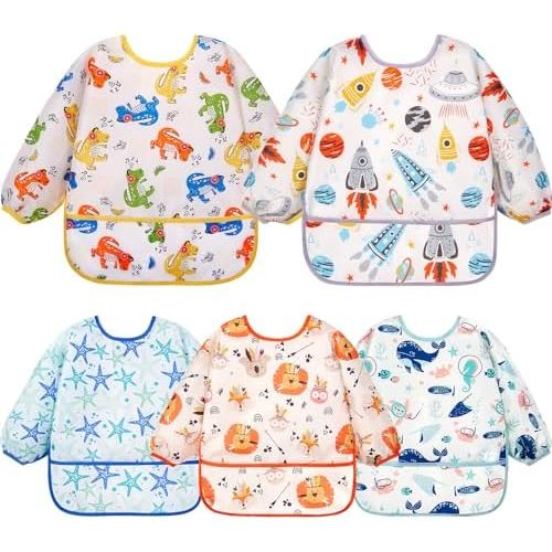 Lictin 5 Pcs Baby Long-sleeved Bibs, Waterproof Bibs with Sleeves Adjustable Feeding Bibs for Unisex Baby Toddler