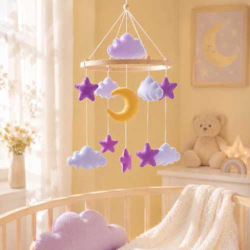 Handmade Felt Moon Stars Baby Mobile, Celestial Nursery Decor, Pastel Clouds Crib Ornament