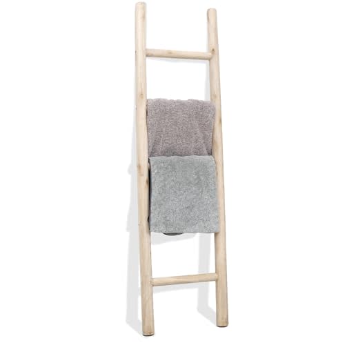 FUIN 57in Wood Blanket Ladder Living Room Decorative Wall Leaning Farmhouse Quilt Display Holder Rustic Wooden Towel Rack for Bathroom, Unfinished