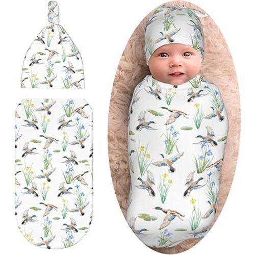 Mallard Duck Baby Stuff Swaddle Blanket with Beanie Set, Wild Ducks Newborn Blanket Swaddle Sack for Girls Boys
